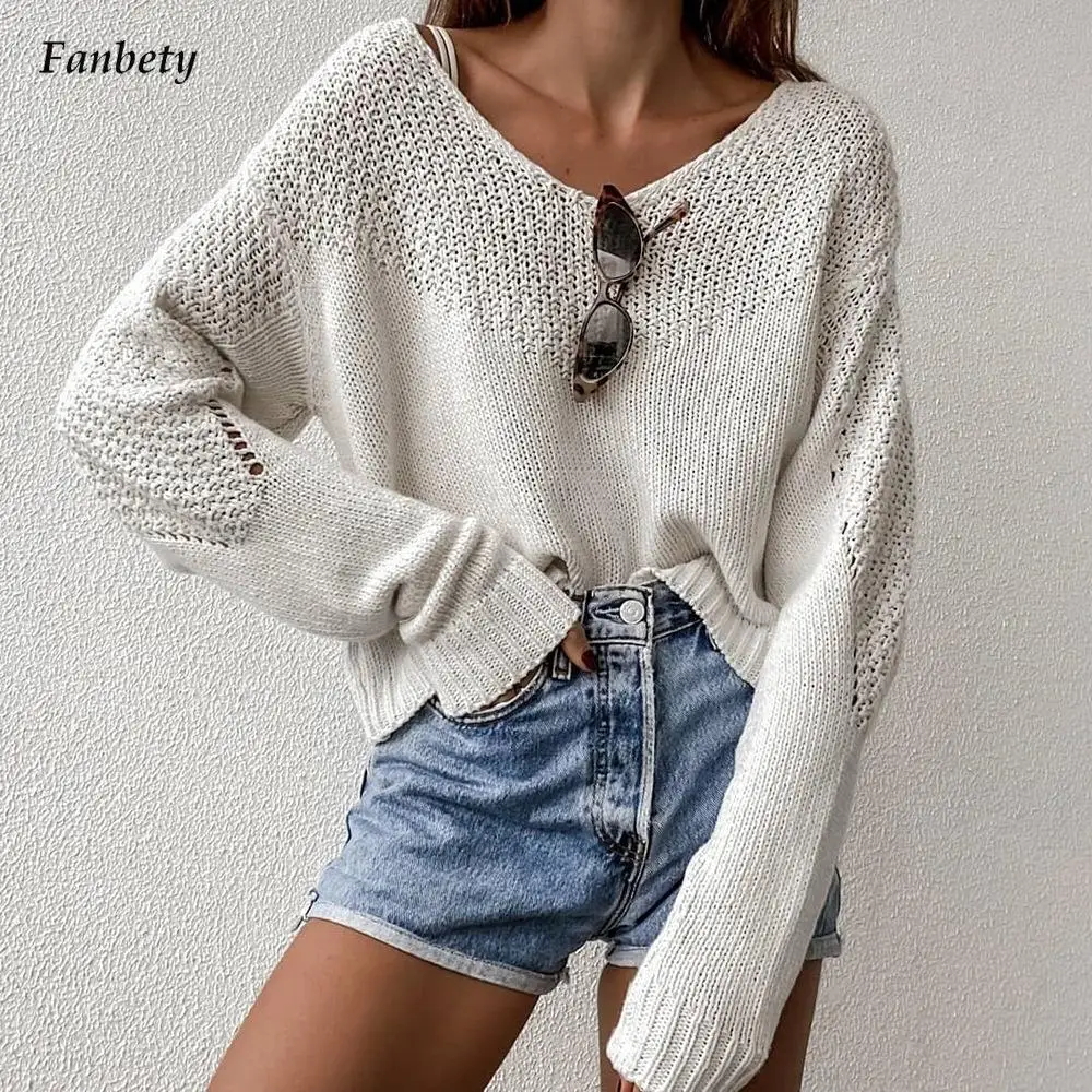 

Women New Casual V Neck Knitted Sweater Sexy Hollow Out Loose Tops Pullover Autumn Elegant Long Sleeve Patchwork Sweaters Jumper