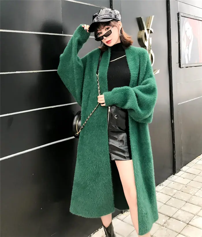 green Корейская куртка из искусственного меха норки, свитер, Осень-зима, новая Толстая бархатная одежда, женский большой размер, свободный длинный вязаный кардиган, пальто f1507 - Цвет: green