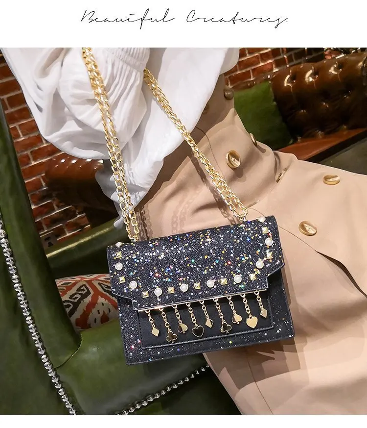 

Новинка 2021, модная универсальная Великолепная квадратная сумка на одно плечо с цепочкой и блестками для девушек
