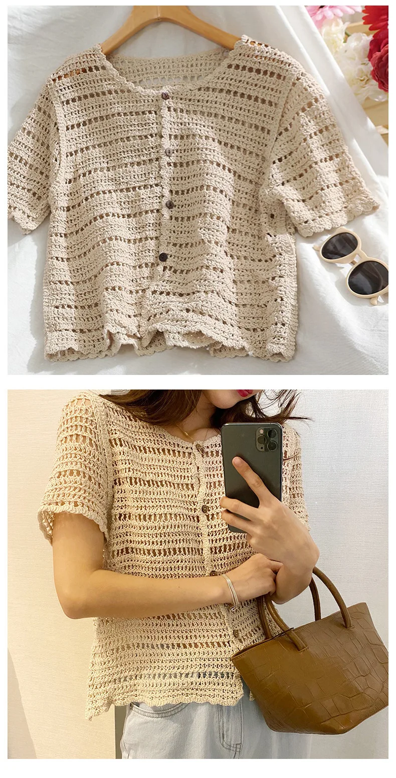 

Loose Thin Woven Hollow Out Women Short Sleeve Shirt Holiday Beach Wear Womens Tops and Blouses