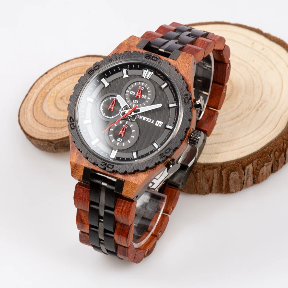 BEWELL New Arrival Stainless Steel And Wood Mens Watches Japan Chrono Movement wood watch relogio masculino enlarge
