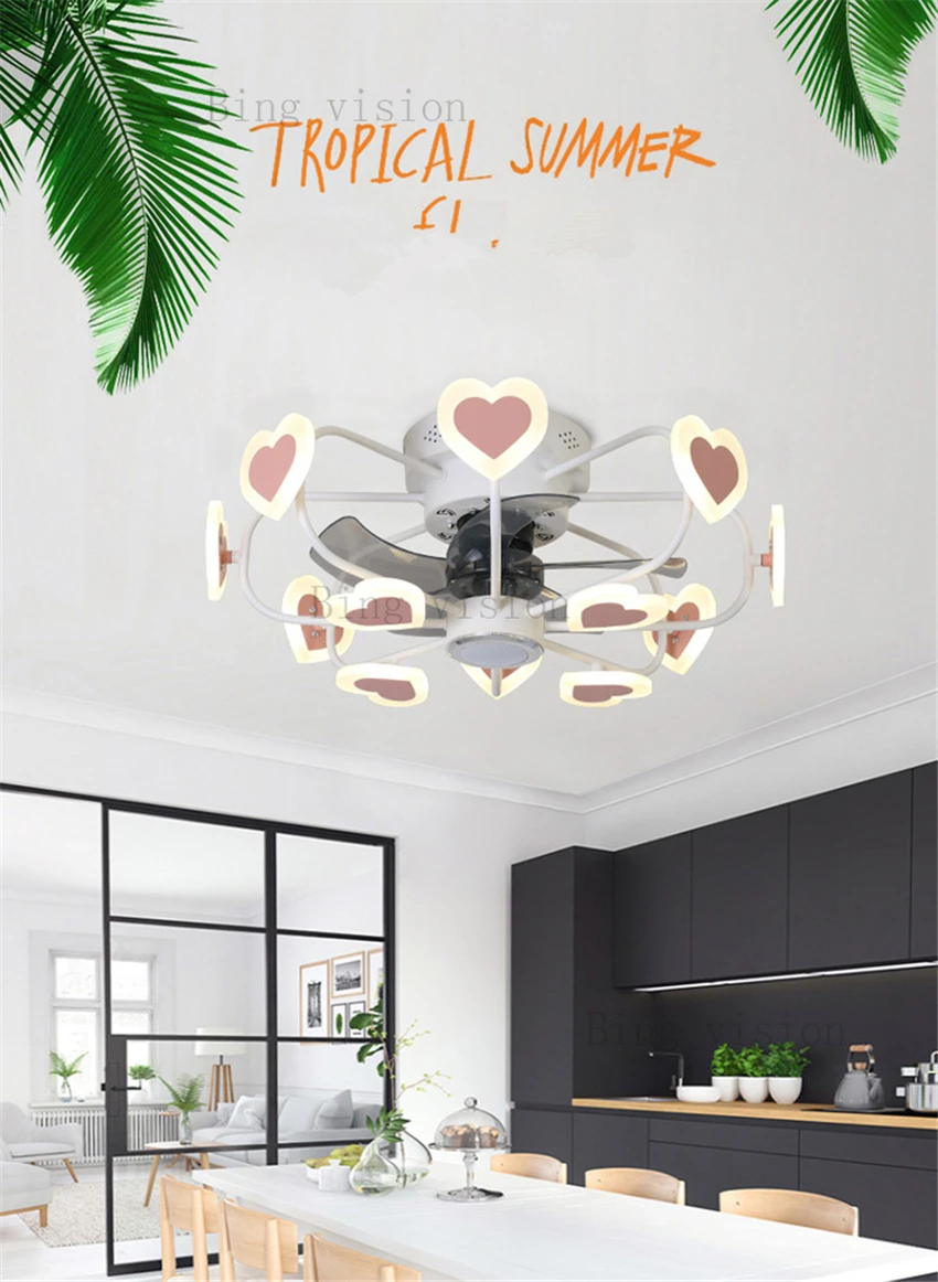 

2020 New Nordic modern geometric design ceiling fan light pink love LED lighting dimming bedroom fan light AC220