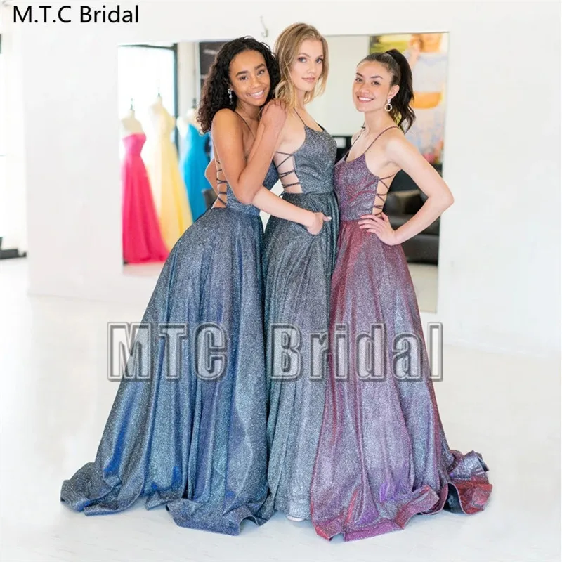 

Glitter Backless Sexy Prom Dresses Spaghetti Straps A Line Charming Girls Wedding Party Dress Plus Size Graduation Gowns Cheap