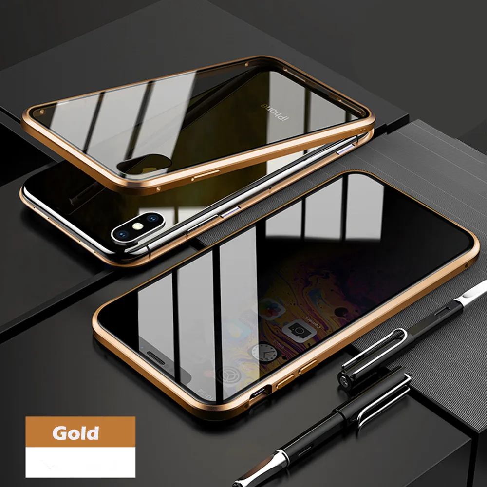 Золотой Магнитный чехол для iPhone X XS MAX XR 7 8 Plus адсорбционный металлический чехол для мобильного телефона защитный чехол из закаленного стекла - Цвет: Золотой