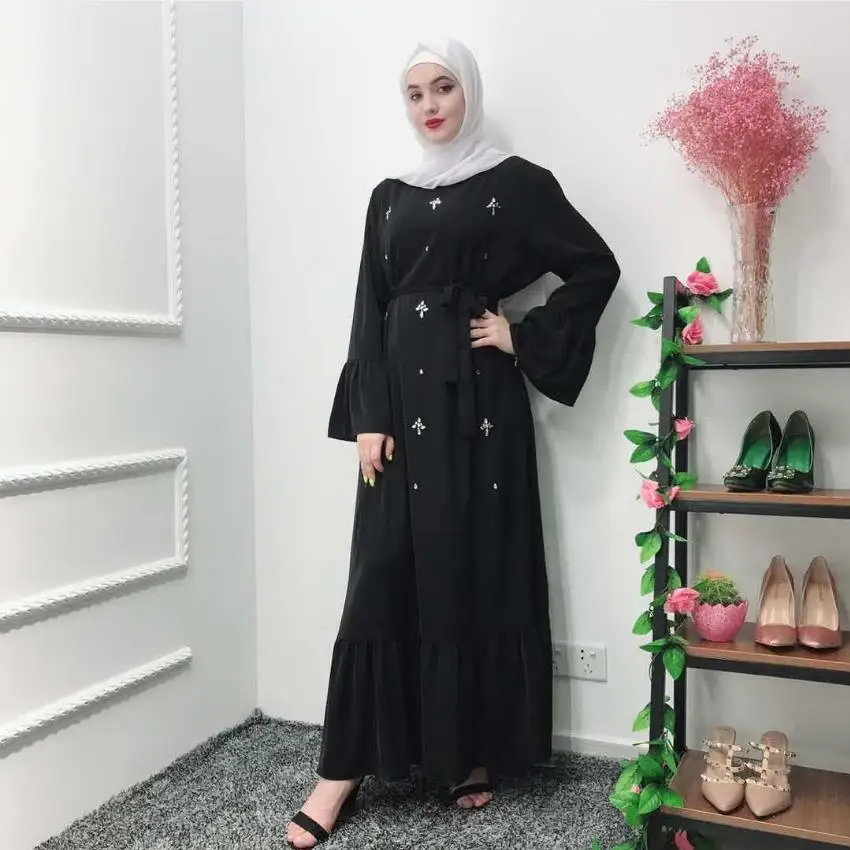 

Hand made diamond beading muslim peignoir Robes syari Dubai Fashion female full length ruffles Abaya Muslim Dress with belt