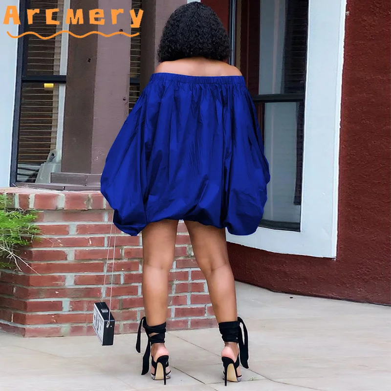 

Women Plus Size Off Shoulder Puff Sleeve Casual Loose Mini Dress