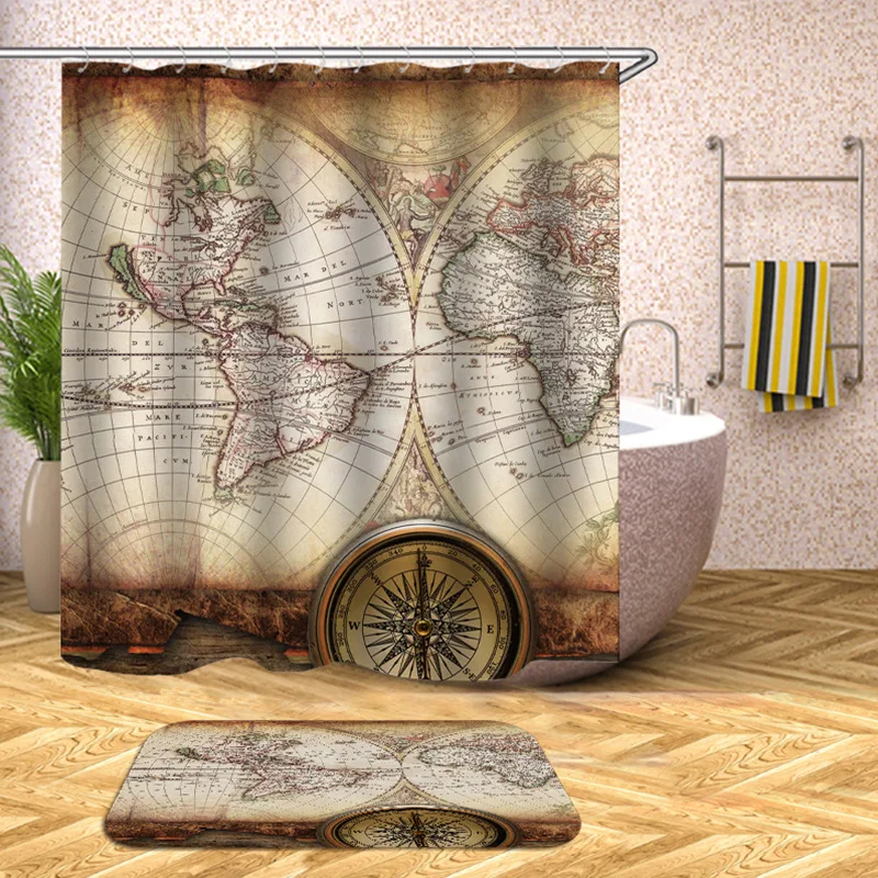 

Home textile Map pattern bath curtain Waterproof Bathroom Shower Curtain Toilet Cover Mat Non-Slip Rug Set