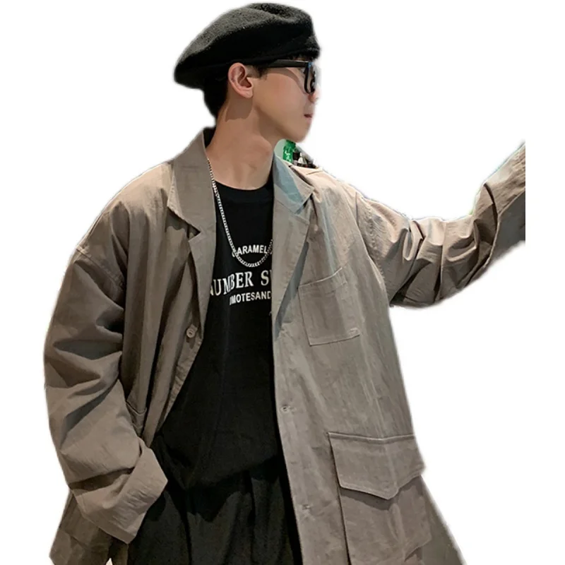 

Autumn Cotton Casual Jacket Men's Fashion Pocket Tooling Jacket Men Korean Loose Casual Suit Jackets Mens Dress Jacket S-XL