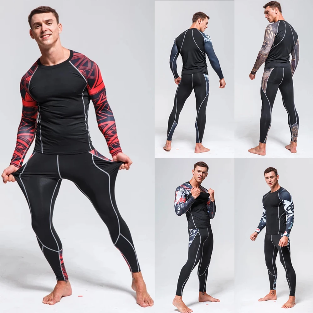 

New Fashion Mens Running Sportswear Men Compressed And Quick-Drying Two Pieces Sports Shirts And Pants Fall Winter Track Suit