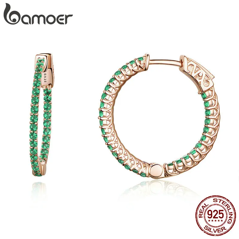 BAMOER, натуральная 925 пробы, серебряные, классические, Круглый, зеленый, CZ, серьги-гвоздики для женщин, свадебные, Обручальные, ювелирные изделия, SCE511