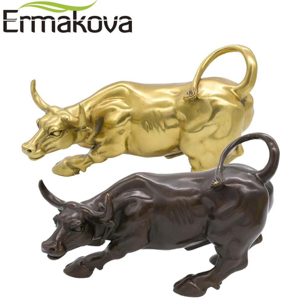 

ERMAKOVA 19 см (7,4 ") Латунь Уолл-стрит, бык фигурка зарядки Фондовый рынок статуя быка Feng Shui Скульптура Украшения дома и офиса