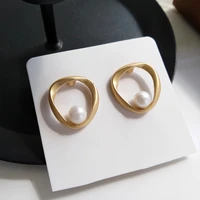 925 silver needle trendy jewelry simulated pearl earring popular design metal alloy matte gold color geometric earrings gift