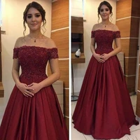 prom dress 2020 sexy dark red prom dresses a line appliques bare back off the shoulder satin party dress free shipping