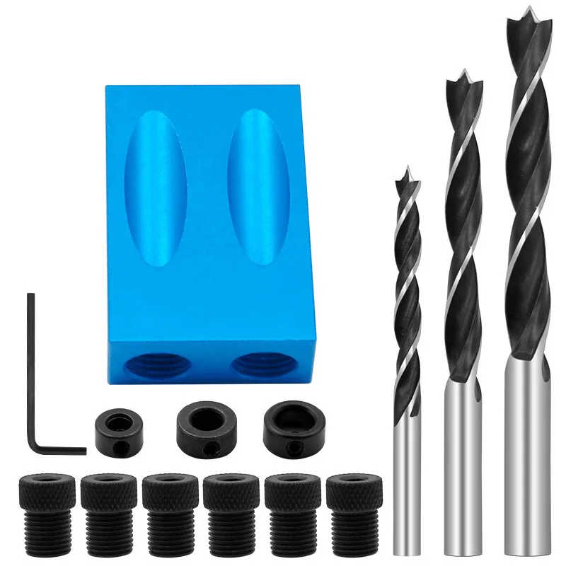 XKIY Blue Woodworking Oblique Hole Locator 15 Degrees Included Angle Furniture Punching Screw Holder Three-point Twist Drill Set |