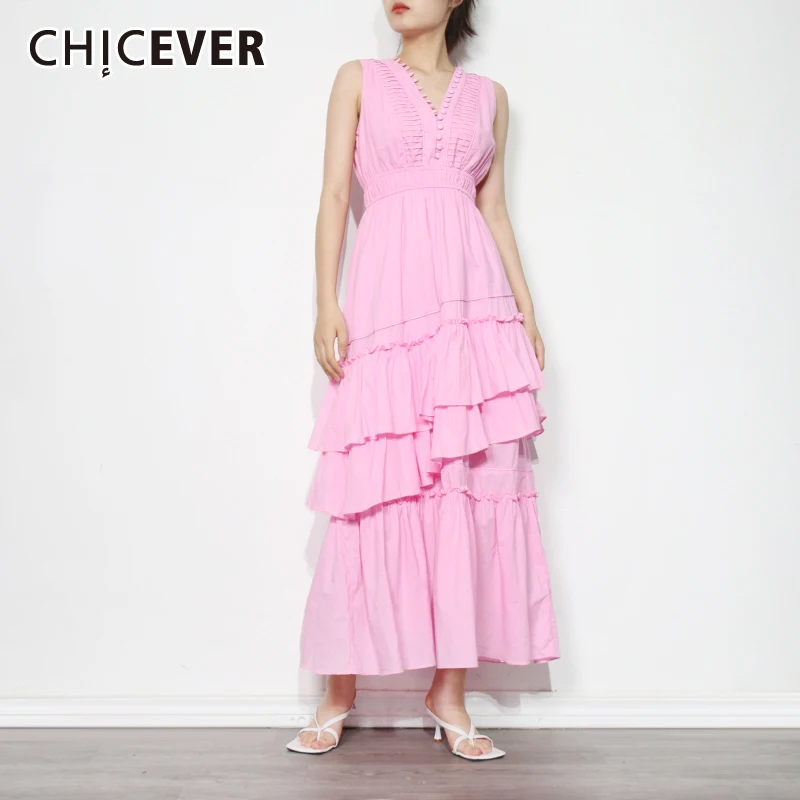 

CHICEVER Minimalist Summer Patchwork Ruffle Dress For Women V Neck Sleeveless High Waist Midi Dresses Female Fashion New Clothes