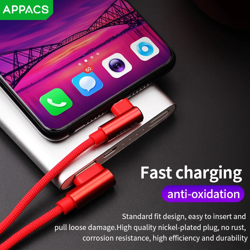 Кабель Micro USB APPACS 90 градусов 2 4 А плетеный кабель для быстрой зарядки и передачи