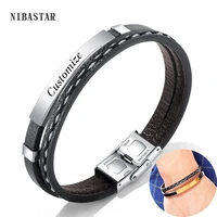 multi layer leather bracelets for men customizable engraving stainless steel casual personalized bangle