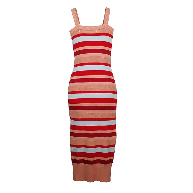 2019 Summer Women Sexy Rainbow Stripe Maxi Dress Female Knitted Split Holiday Long O-Neck Strap Beach | Женская одежда