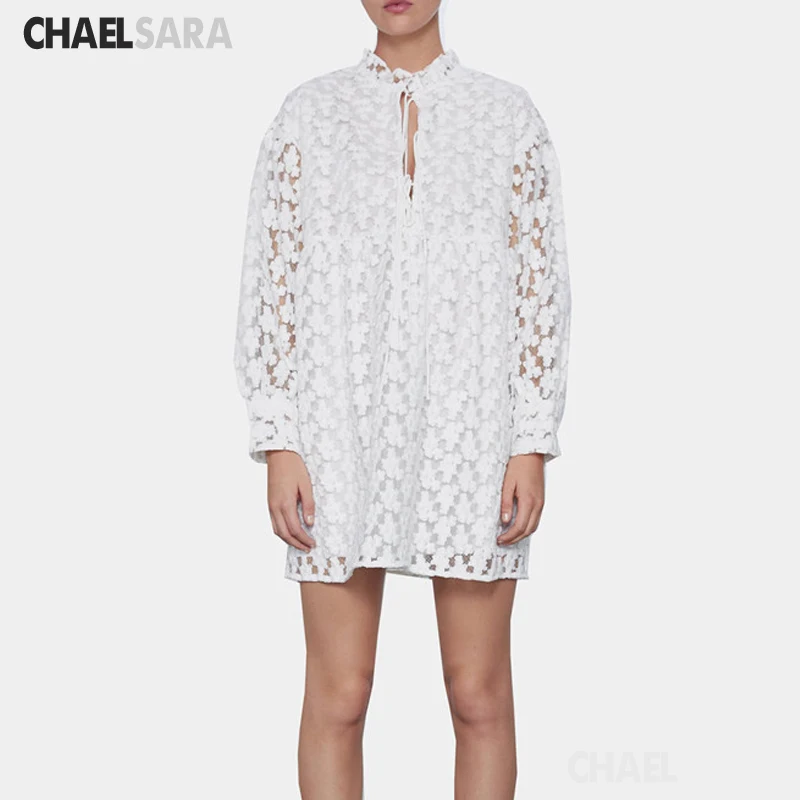 Сексуальное летнее платье с вырезами для женщин, нашитое кружевом, элегантное с воланами на горловине, длинными рукавами, свободного кроя, мини-платье с завязками.