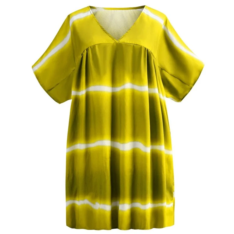 

Ruched Bust Dress Women V Neck Pleated Tie Dye Dress Big Size 3xl Sukienka Oversized Short Sleeve Baggy Dress Patchwork Clothes