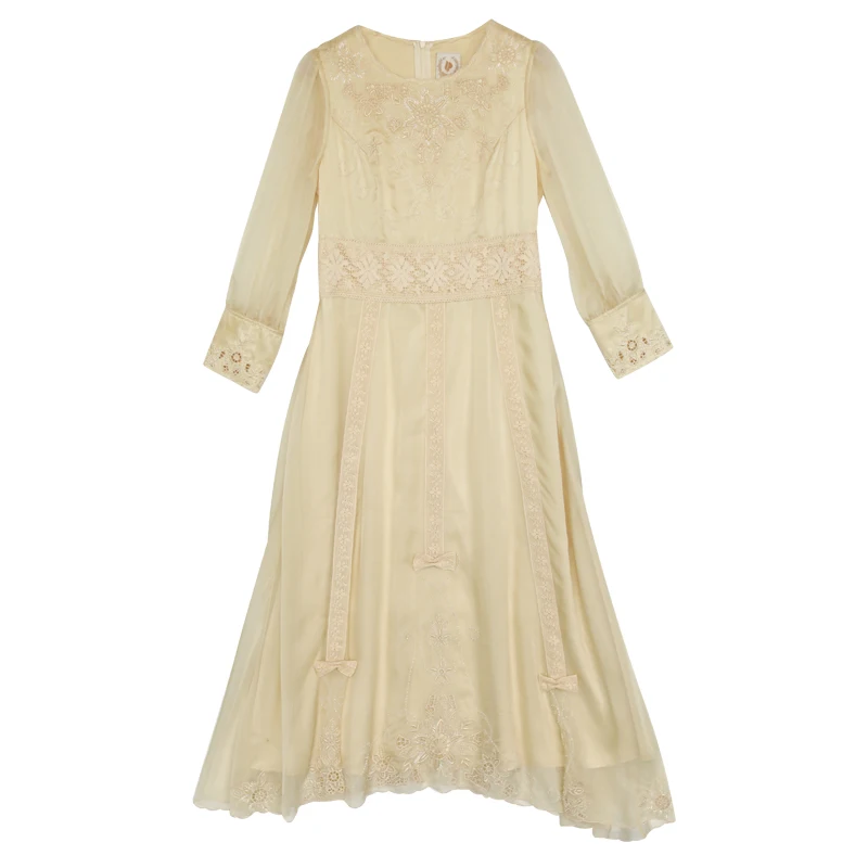 

Women Dress Spring Autumn Dress Vintage Elegant Slim Luxury Embroidery Beading Sweet Moril Grils Casual Long Chiffon Dress