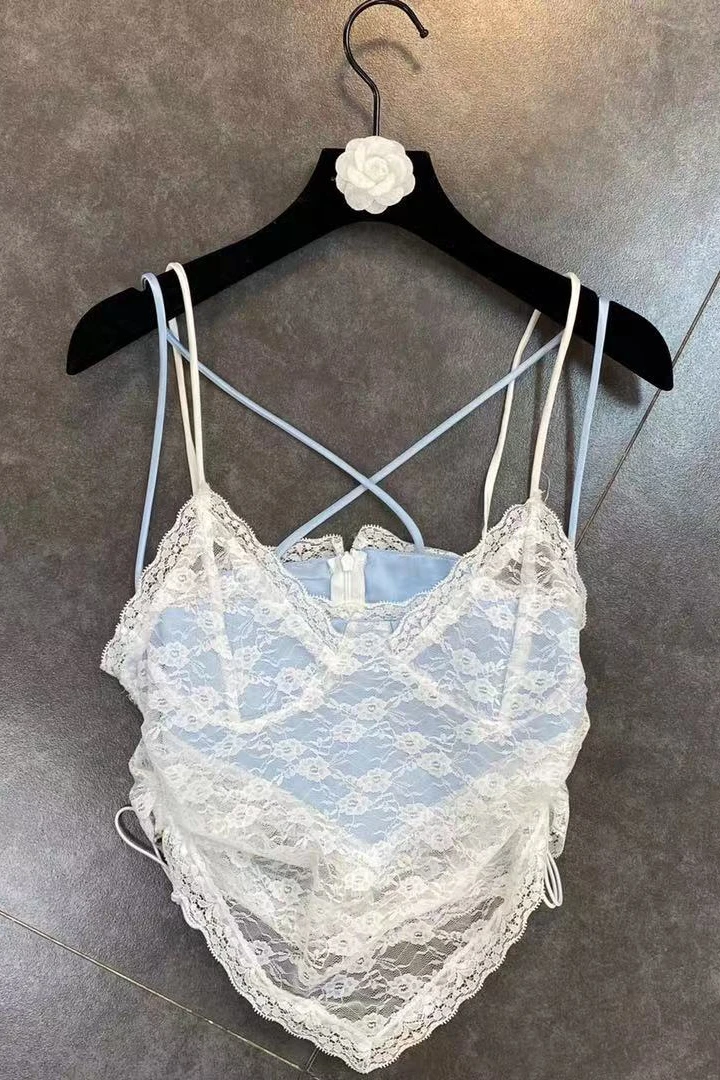 

ZCSMLL Double shoulder straps cross top beautiful back lace double layer side drawstring sexy sling tide 2021 Spring Summer