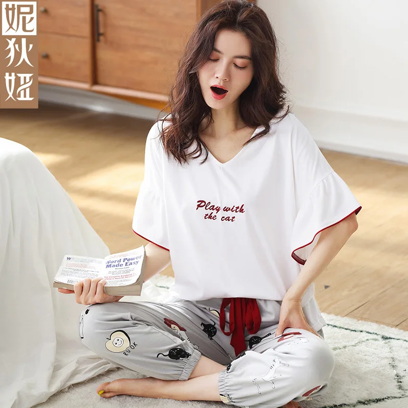 

Ms. Han Edition Pajamas Thin Cotton Short Sleeve Summer Nine Minutes Of Pants is Pure And Fresh And Contracted Household To Take
