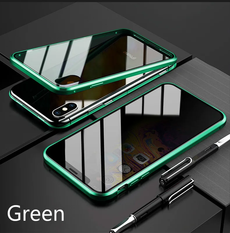 Green Для iPhone XS MAX анти-открытый чехол для телефона XR Магнитная Адсорбция двойное стекло в рамке i7 8P защитный чехол - Цвет: Green
