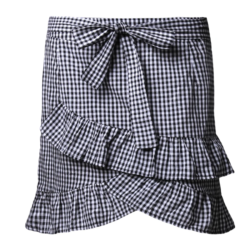 

New Women's High Waist Flared Asymmetrical Layered Ruffle Bow Plaid Striped Pleated Skirt A-Line Short Mini Skirts S/M/L/XL