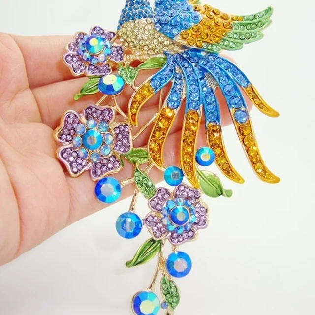 Vintage Enamel Crystal Rhinestone Peacock Feather Brooch for Women