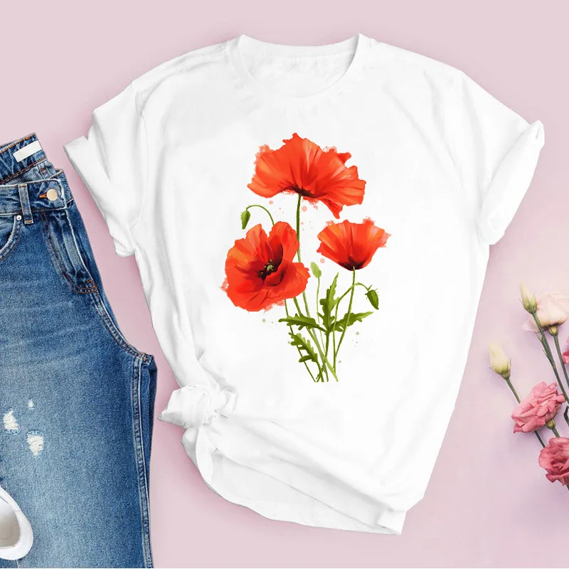 

Fashion Tee Tops Female White Short Sleeve T-shirt Girl Summer T-shirt Women Aesthetic Flower Graphic T Shirt Harajuku Clothing