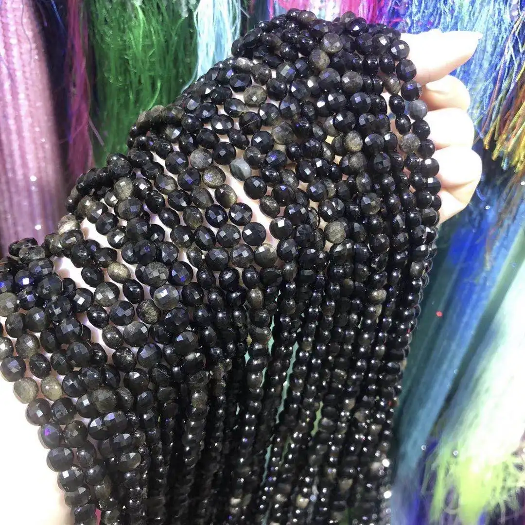 

New Obsidian Oblate Faceted Natural Stone Beads Charm Making for Jewelry DIY Bracelet Necklace Accessories Size 6mm length 38cm