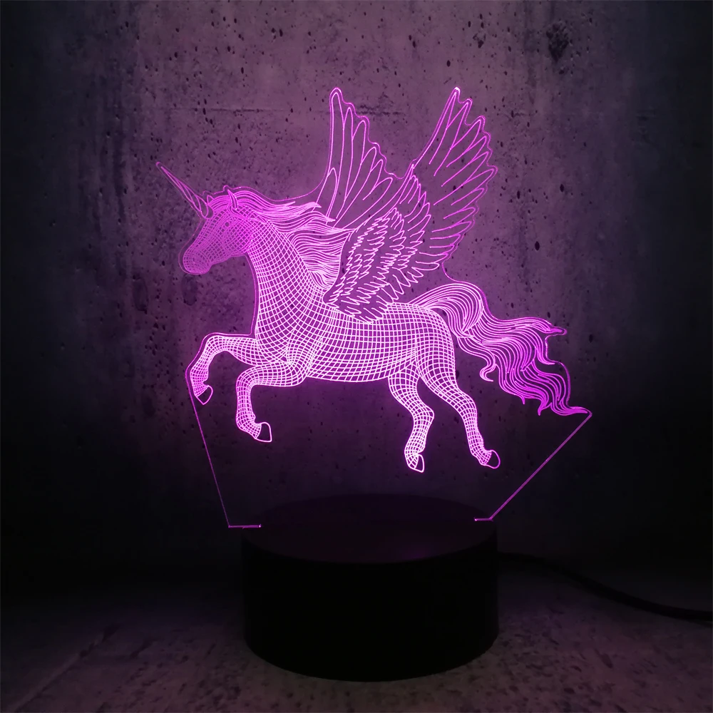 3D светодиодный светильник ночник с крылатым единорогом RGB лампа вечерние