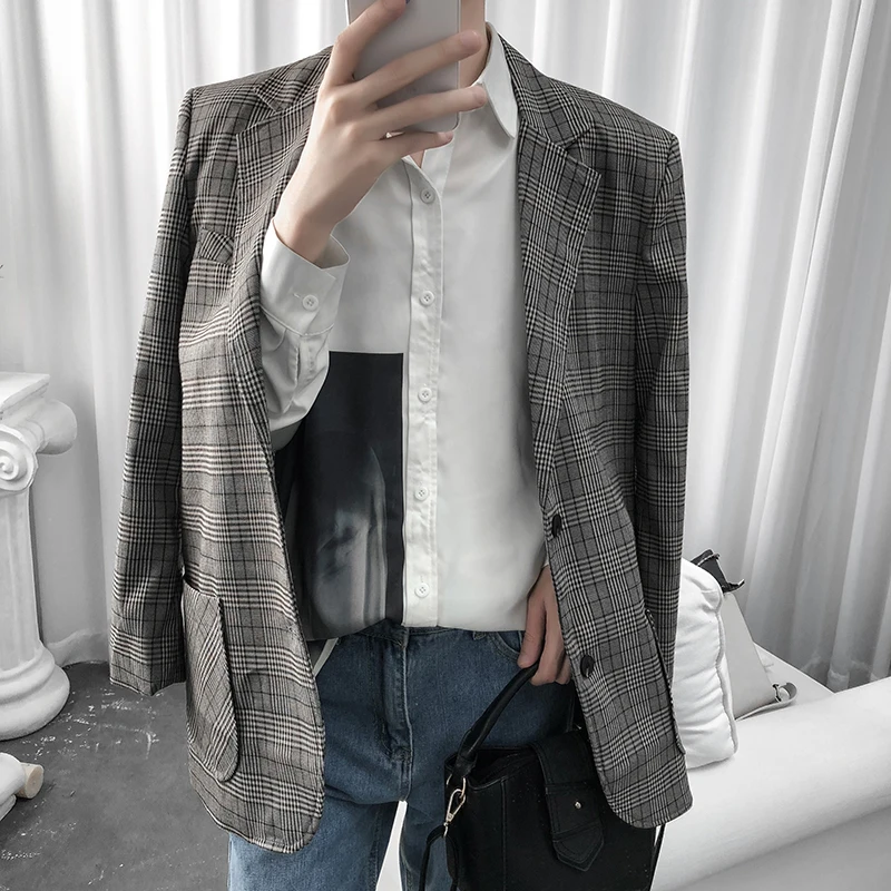 Новый модный клетчатый блейзер с длинным рукавом мужской пиджак классический