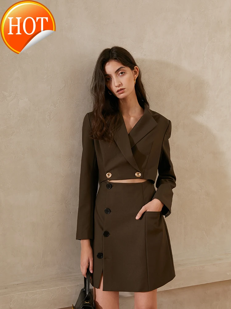 

early spring new design feeling hollow out waist long sleeve suit dress buttock skirt