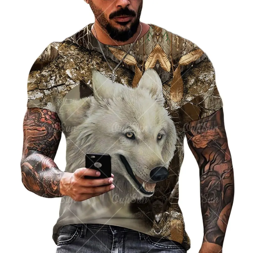 

Men's Camouflage Forest Pattern T-shirt Round Neck Shirt Animal Snow Wolf Print Short Sleeve T-shirt Top Summer Men's Streetwear