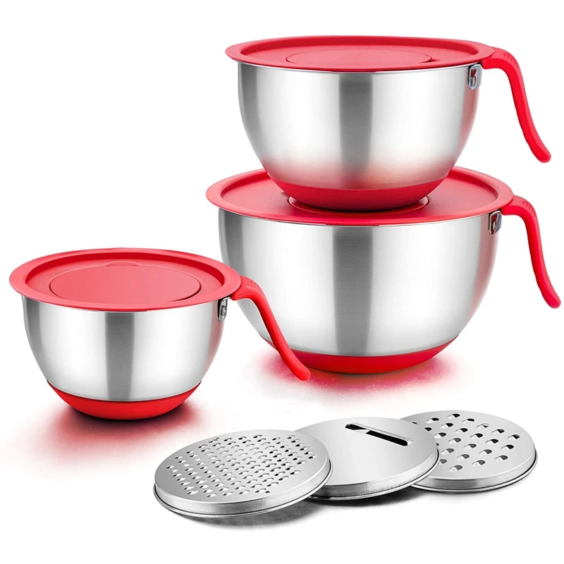 

New Mixing Bowls with Lids,Stainless Steel Mixing Bowls Salad Metal Bowl with Lids & 3 Graters, Pour Spout & Long Handle