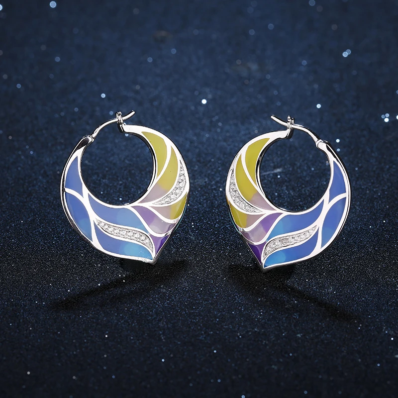 Женские серьги-кольца с разноцветным павлиньим пером серьги из стерлингового