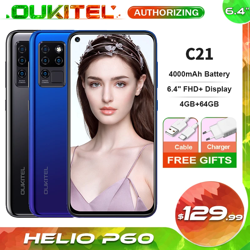 OUKITEL C21 Quad Камера 20MP селфи Octa Core Helio P60 4 + 64 Гб телефон 6 ''FHD Дырокол Экран 4000 мА/ч 4G