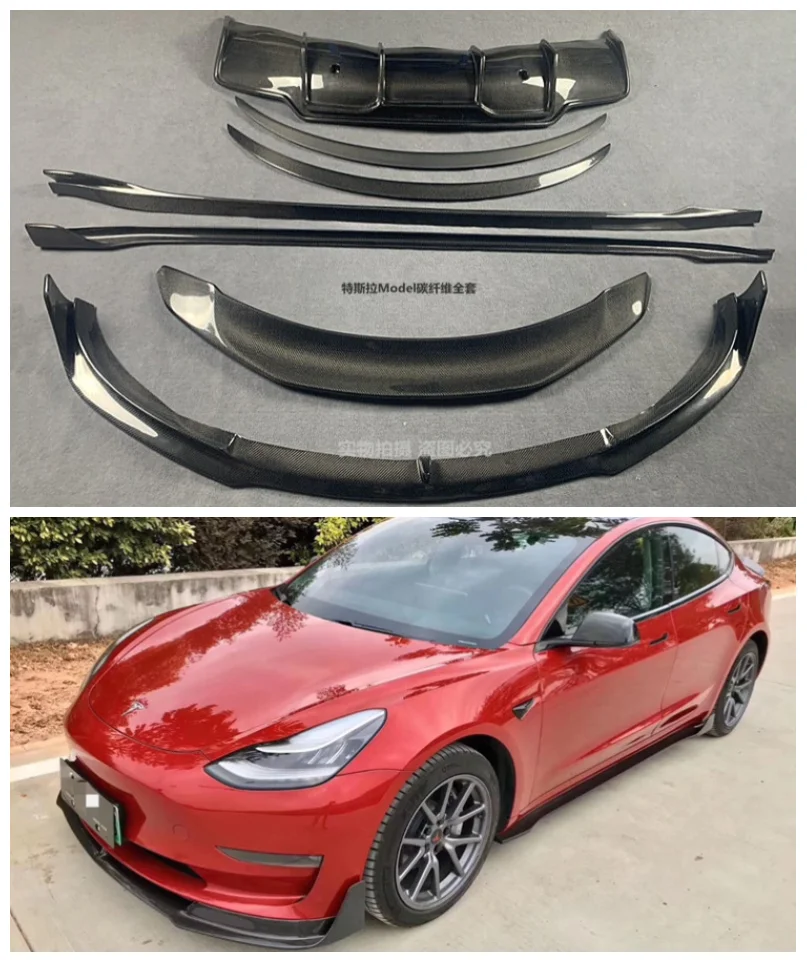 

Передняя губа бампера из углеродного волокна для Tesla Model 3 2018 2019 2020 2021 + задний диффузор + Боковая юбка + защита спойлера