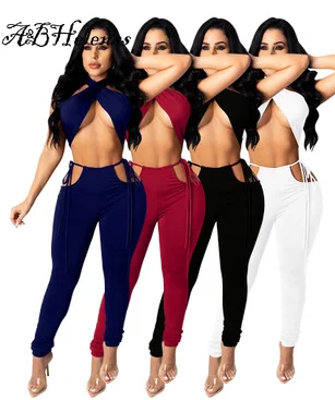 

A&BHelenss Hanging Neck Backless Crop Top Cut Out Skinny Legging Clothes Birthday Outfit Street style Women FitnessTwo Piece