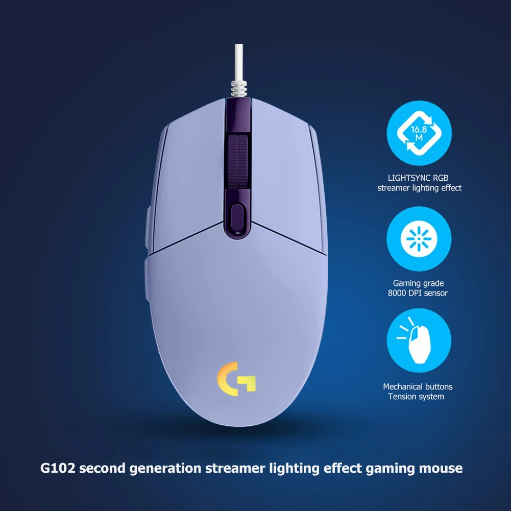 Проводная игровая мышь Logitech G102 LIGHTSYNC RGB 4 цвета 8000DPI Регулируемая 6 программируемых