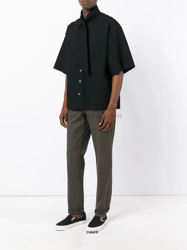 

Новая мужская одежда модные заусенцы шарф воротник Лоскутная Свободная рубашка с коротким рукавом размера плюс Мужские Сценические костюм...