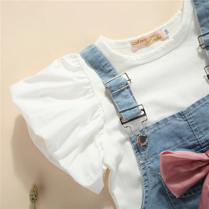 

3Pcs Little Girls Outfit, Summer Sweet Style Solid Color Round Collar Puff Short Sleeve Tops + Bow + Princess Suspender Skirt