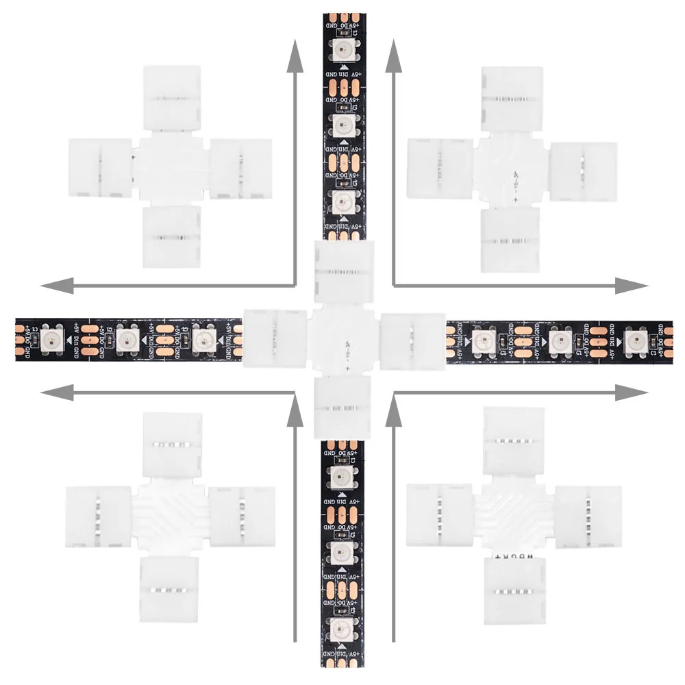 

50PCS 2/3/4/5PIN 10mm Solderless LED Connector T/L/X Shape Corner Connector For WS2811 WS2812 3528 5050 RGB Led Strip Light