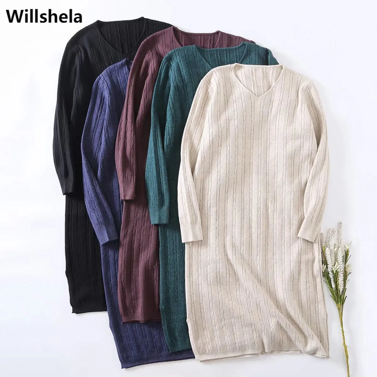

Willshela Women Fashion Knitted Side Slit Solid Midi Dress Long Sleeve V-Neck Vintage Female Dresses Robe