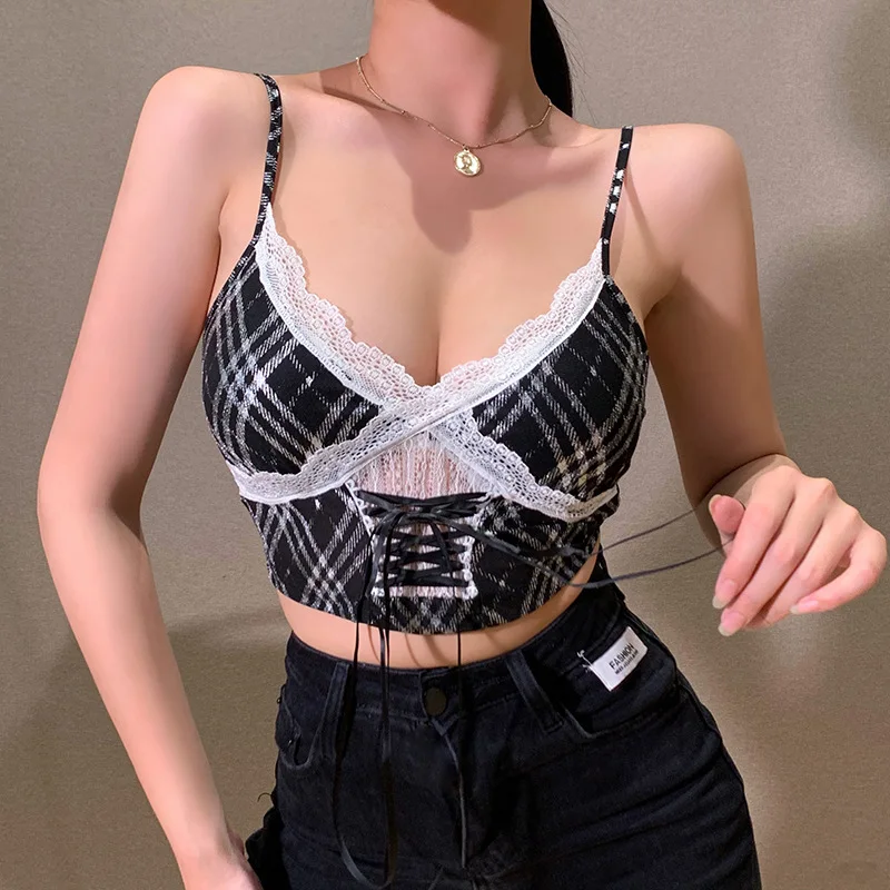

Wardrobe Girls Europe and America Sexy Plaid Harajuku Printed Lace Stitching Small Camisole Deep V Chest Women's Clothing Tops