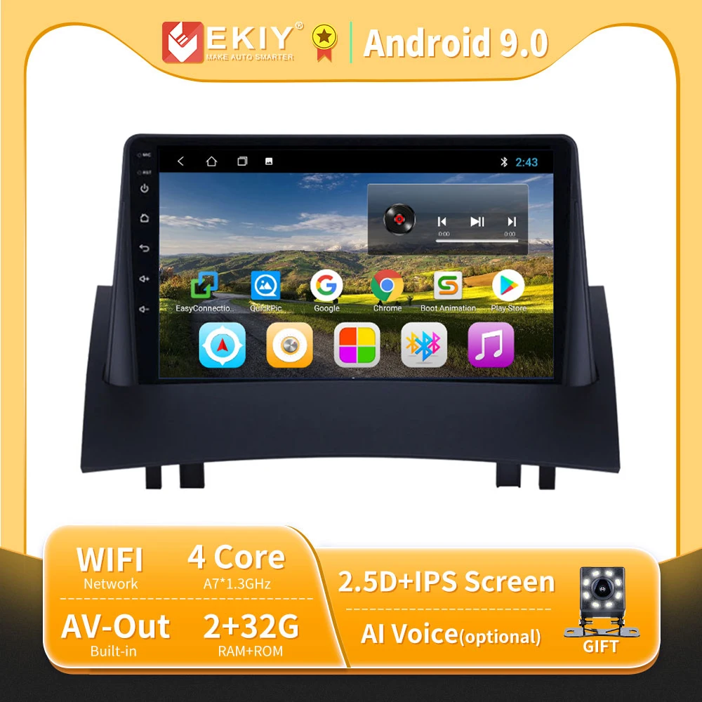 

EKIY 9" IPS 2 Din Android 9.0 Car Radio GPS Navigation Multimedia Audio Player For Renault Megane 2 2002-2009 Quad-Core Wifi DVD