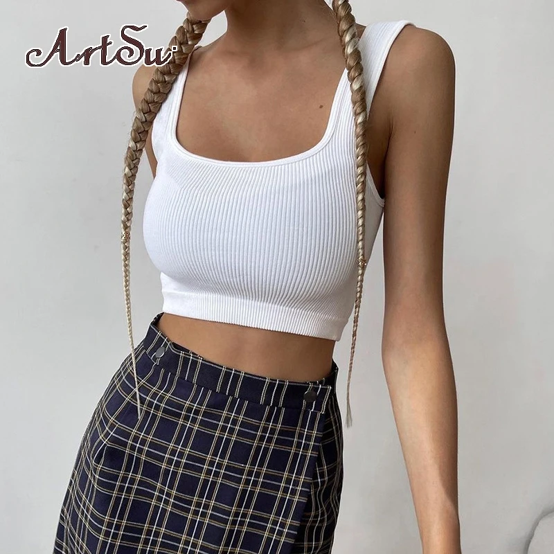

Artsu однотонная Повседневная укороченная майка без рукавов Женская белая хлопковая майка в рубчик Базовая майка летняя уличная одежда