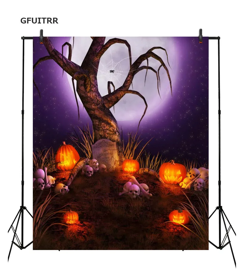 GFUITRR хэллоуин фотография фоны тыква фонари полная луна фото фон фиолетовый винил